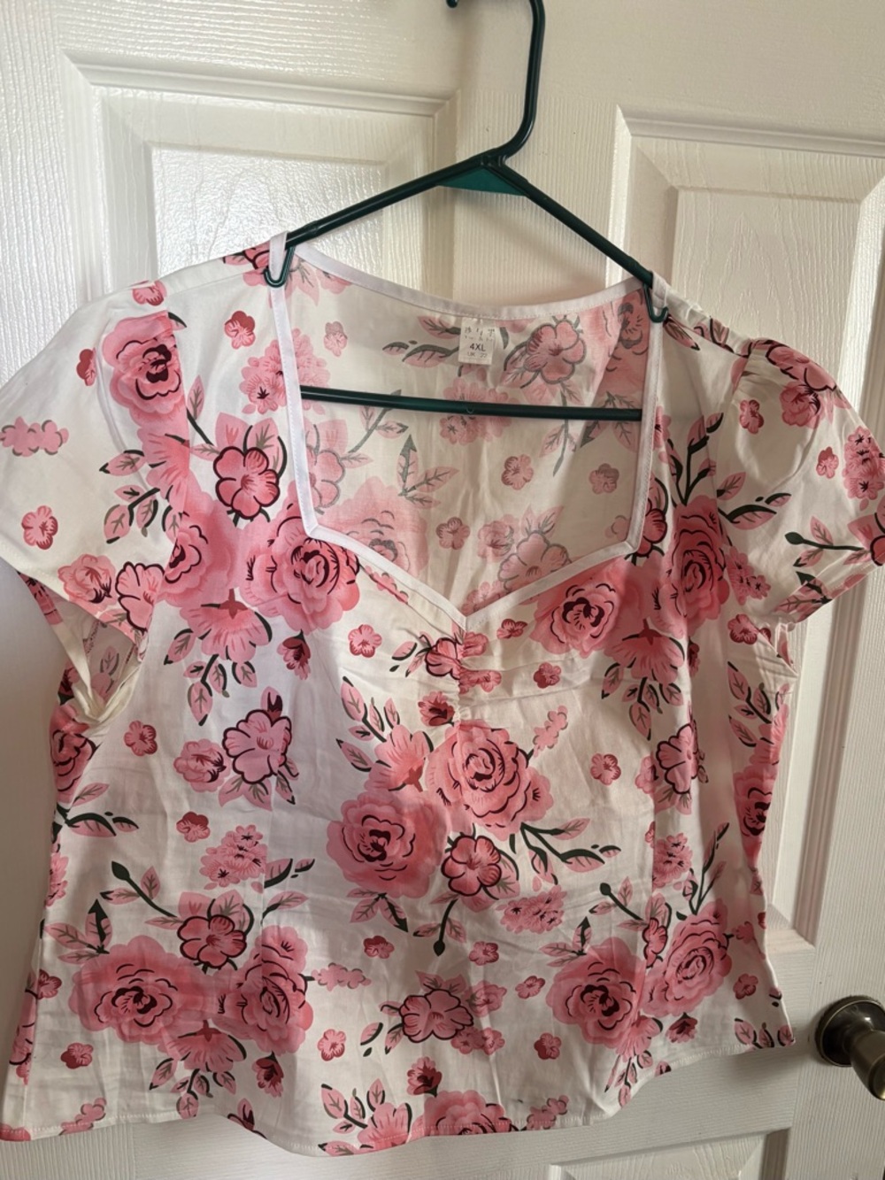 SHEIN White Top with Pink Rose Print and Square Neck
